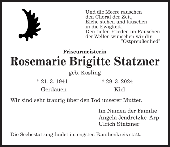 Traueranzeige von Rosemarie Brigitte Statzner von Kieler Nachrichten