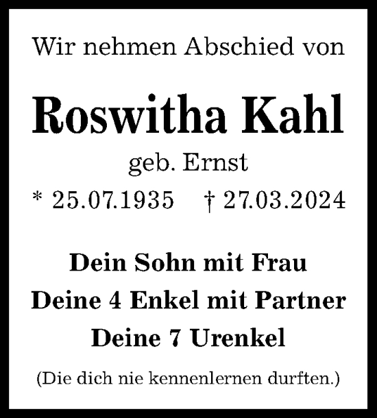 Traueranzeige von Roswitha Kahl von Kieler Nachrichten