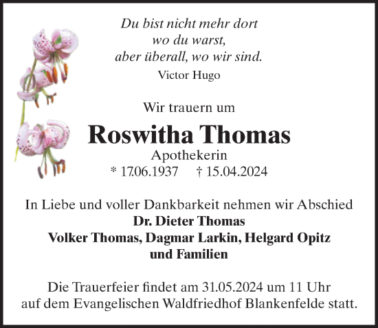 Traueranzeige von Roswitha Thomas von Märkischen Allgemeine Zeitung
