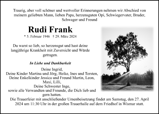 Traueranzeige von Rudi Frank von Ostsee-Zeitung GmbH