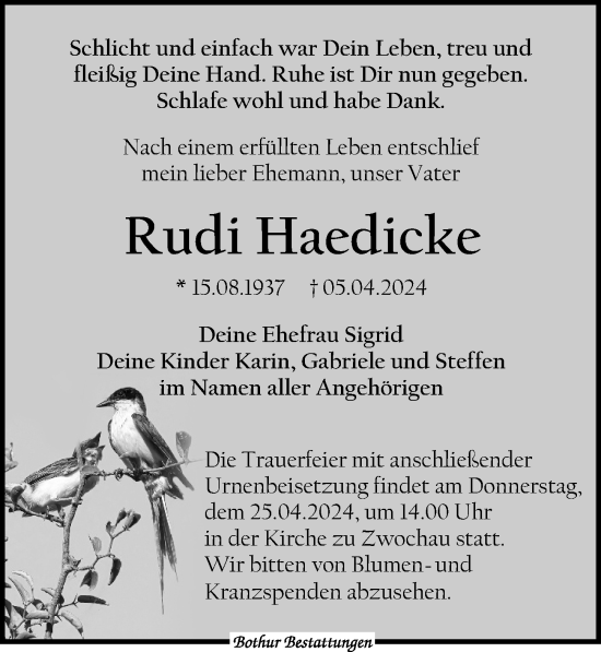 Traueranzeige von Rudi Haedicke von Leipziger Volkszeitung