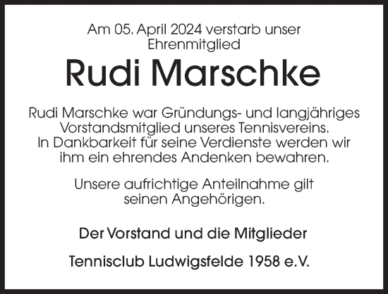 Traueranzeige von Rudi Marschke von Märkischen Allgemeine Zeitung