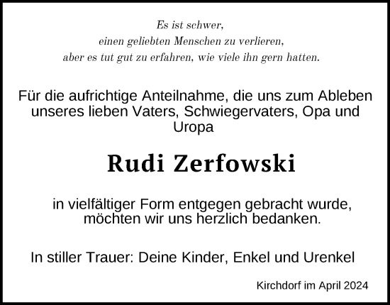 Traueranzeige von Rudi Zerfowski von Ostsee-Zeitung GmbH