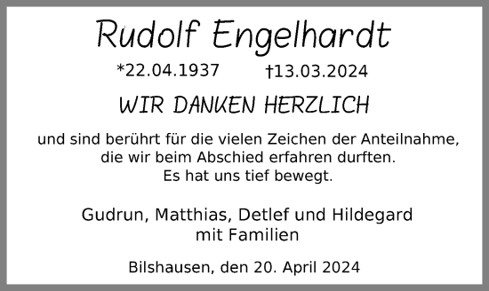 Traueranzeige von Rudolf Engelhardt von Eichsfelder Tageblatt