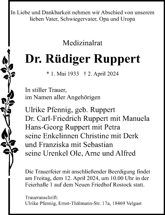 Traueranzeige von Rüdiger Ruppert von Ostsee-Zeitung GmbH