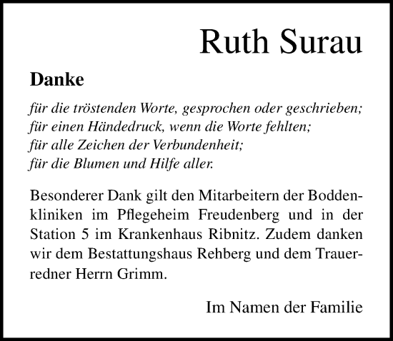 Traueranzeige von Ruth Surau von Ostsee-Zeitung GmbH