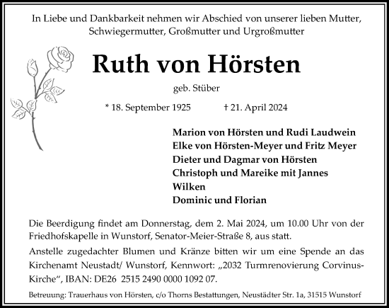 Traueranzeige von Ruth von Hörsten von Hannoversche Allgemeine Zeitung/Neue Presse