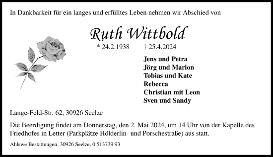 Traueranzeige von Ruth Wittbold von Hannoversche Allgemeine Zeitung/Neue Presse