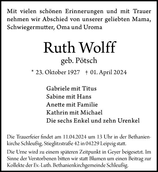 Traueranzeige von Ruth Wolff von Leipziger Volkszeitung