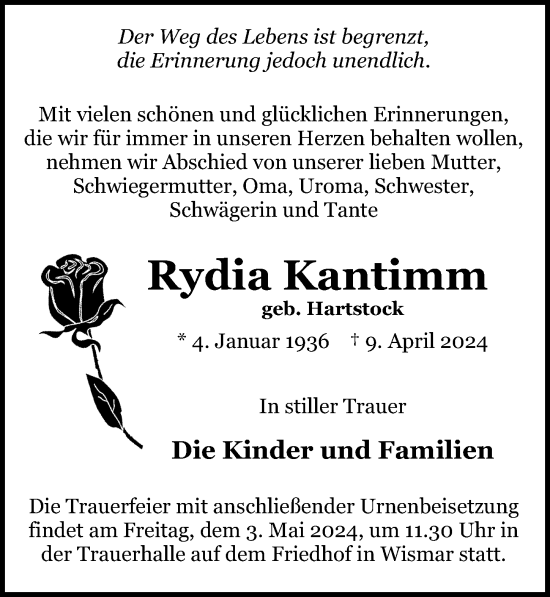 Traueranzeige von Rydia Kantimm von Ostsee-Zeitung GmbH