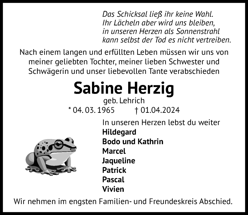  Traueranzeige für Sabine Herzig vom 06.04.2024 aus Kieler Nachrichten