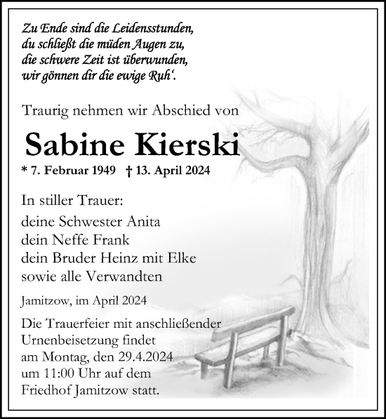Traueranzeige von Sabine Kierski von Ostsee-Zeitung GmbH