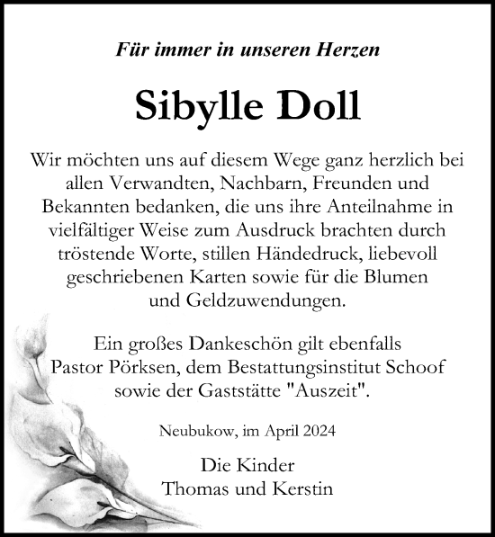 Traueranzeige von Sibylle Doll von Ostsee-Zeitung GmbH