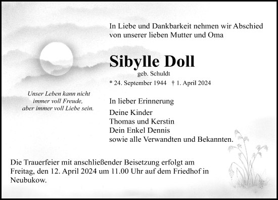 Traueranzeige von Sibylle Doll von Ostsee-Zeitung GmbH