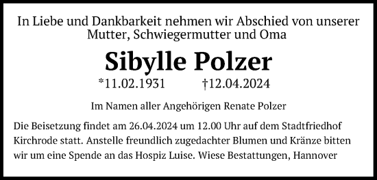Traueranzeige von Sibylle Polzer von Hannoversche Allgemeine Zeitung/Neue Presse