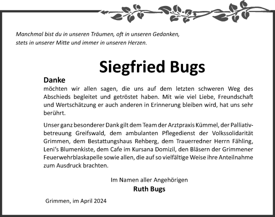 Traueranzeige von Siegfried Bugs von Ostsee-Zeitung GmbH