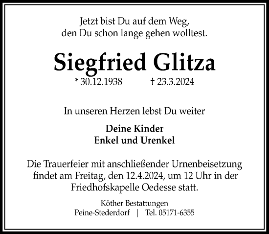 Traueranzeige von Siegfried Glitza von Peiner Allgemeine Zeitung