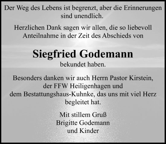 Traueranzeige von Siegfried Godemann von Ostsee-Zeitung GmbH