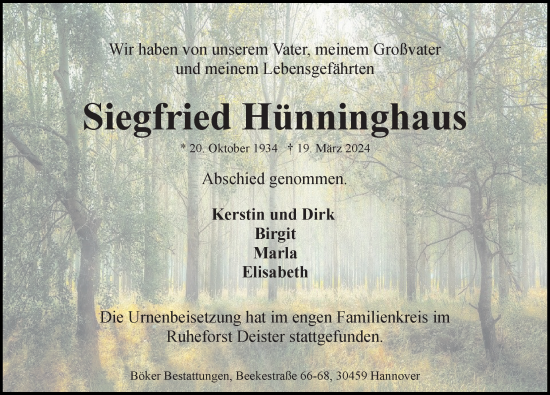 Traueranzeige von Siegfried Hünninghaus von Hannoversche Allgemeine Zeitung/Neue Presse