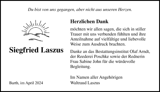 Traueranzeige von Siegfried Laszus von Ostsee-Zeitung GmbH