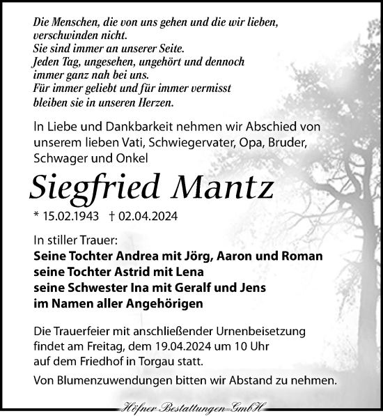 Traueranzeige von Siegfried Mantz von Torgauer Zeitung