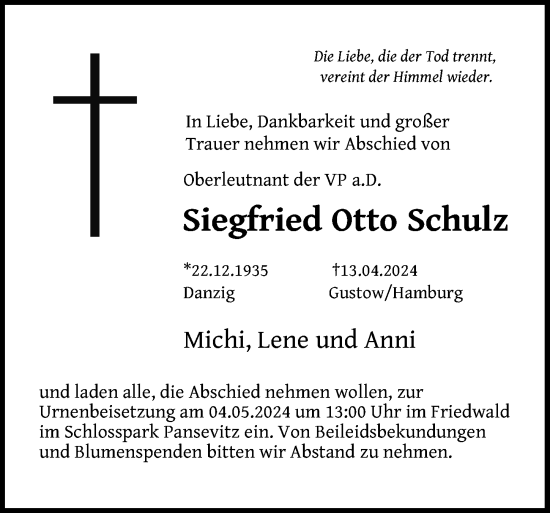 Traueranzeige von Siegfried  Schulz von Ostsee-Zeitung GmbH