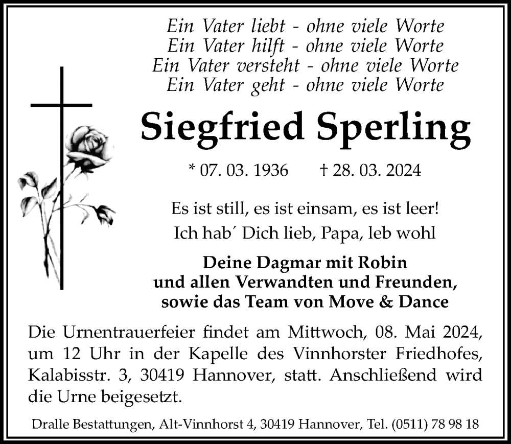 Traueranzeige für Siegfried Sperling vom 27.04.2024 aus Hannoversche Allgemeine Zeitung/Neue Presse