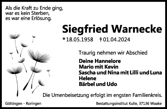 Traueranzeige von Siegfried Warnecke von Göttinger Tageblatt