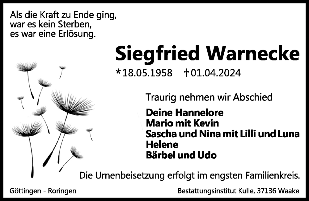  Traueranzeige für Siegfried Warnecke vom 06.04.2024 aus Göttinger Tageblatt