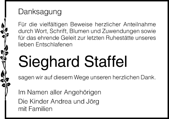 Traueranzeige von Sieghard Staffel von Ostsee-Zeitung GmbH