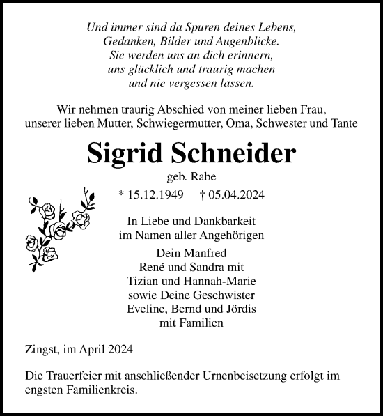 Traueranzeige von Sigrid Schneider von Ostsee-Zeitung GmbH