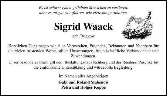 Traueranzeige von Sigrid Waack von Ostsee-Zeitung GmbH