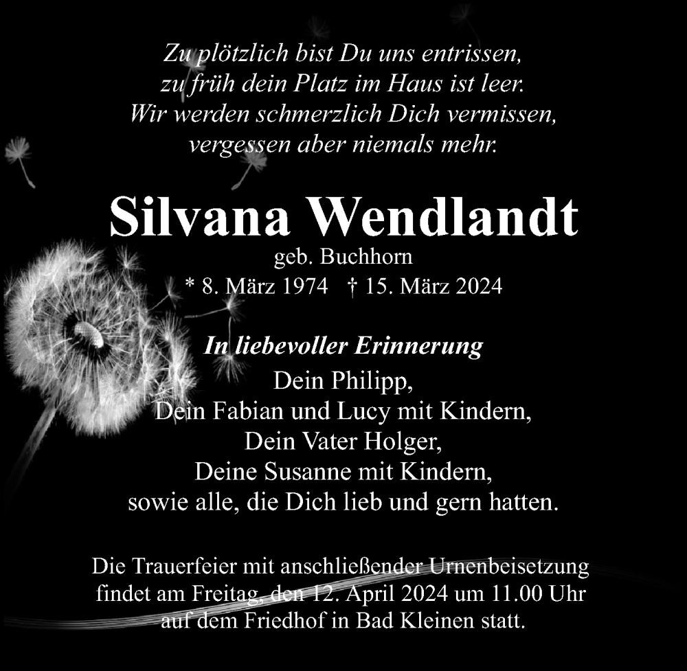  Traueranzeige für Silvana Wendlandt vom 06.04.2024 aus Ostsee-Zeitung GmbH