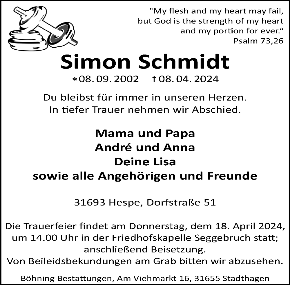  Traueranzeige für Simon Schmidt vom 13.04.2024 aus Schaumburger Nachrichten