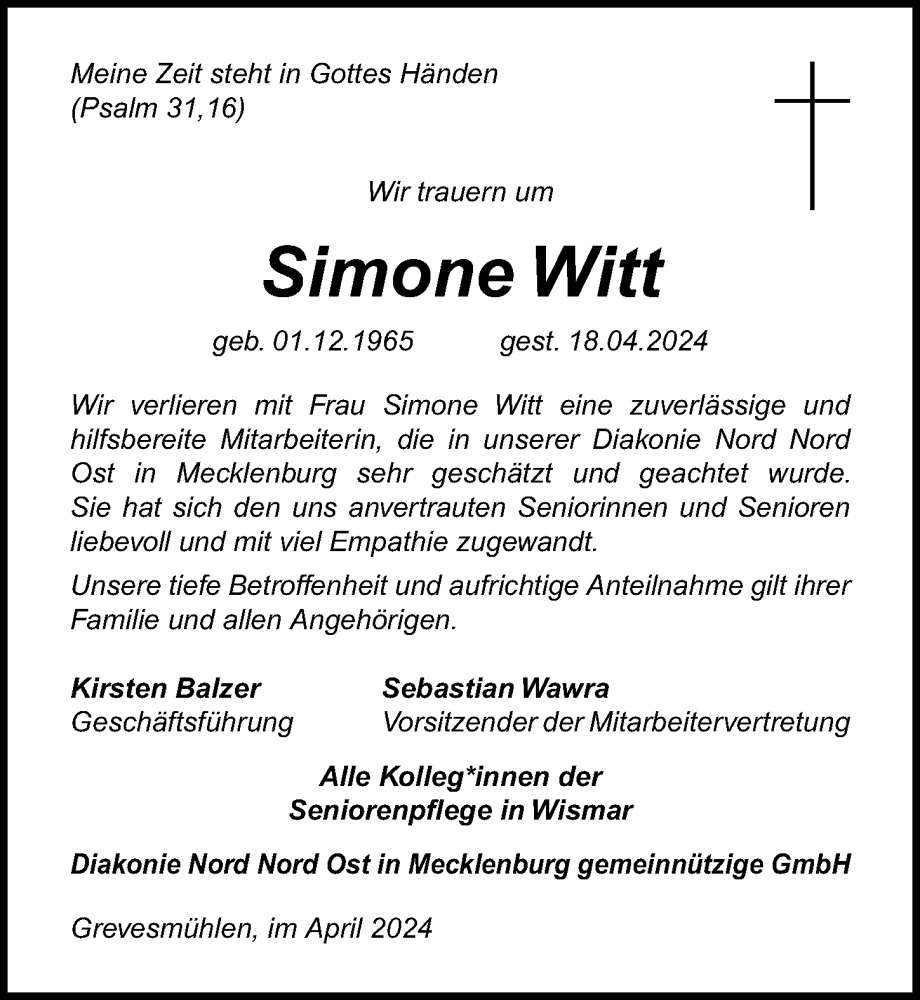  Traueranzeige für Simone Witt vom 27.04.2024 aus Ostsee-Zeitung GmbH