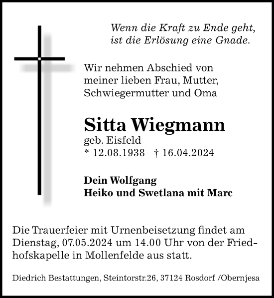 Traueranzeige von Sitta Wiegmann von Göttinger Tageblatt