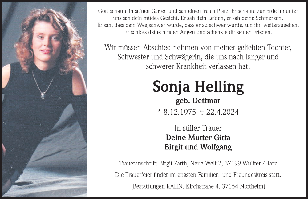  Traueranzeige für Sonja Helling vom 27.04.2024 aus Göttinger Tageblatt