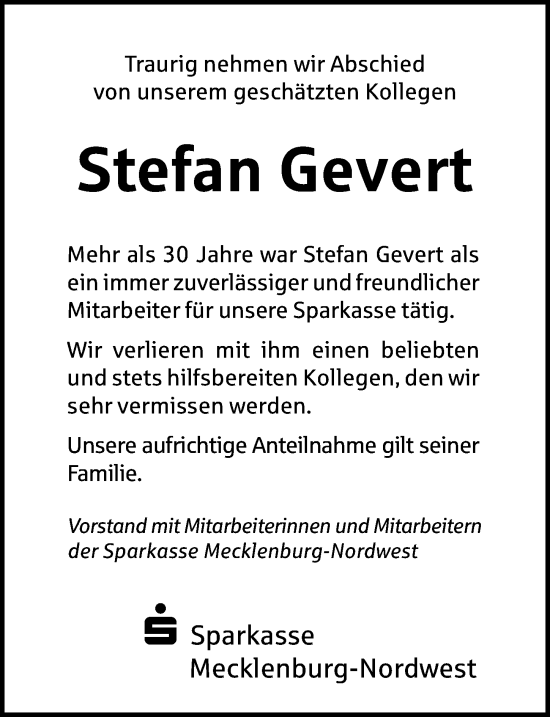 Traueranzeige von Stefan Gevert von Ostsee-Zeitung GmbH