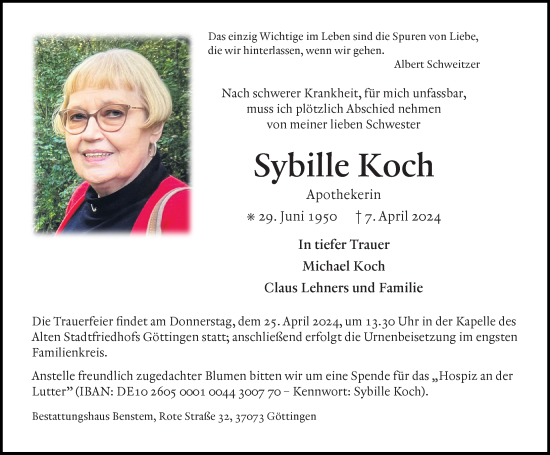 Traueranzeige von Sybille Koch von Göttinger Tageblatt