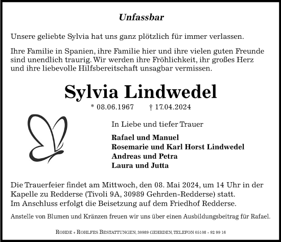 Traueranzeige von Sylvia Lindwedel von Hannoversche Allgemeine Zeitung/Neue Presse