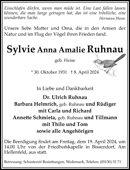 Traueranzeige von Sylvie Anna Amalie Ruhnau von Hannoversche Allgemeine Zeitung/Neue Presse