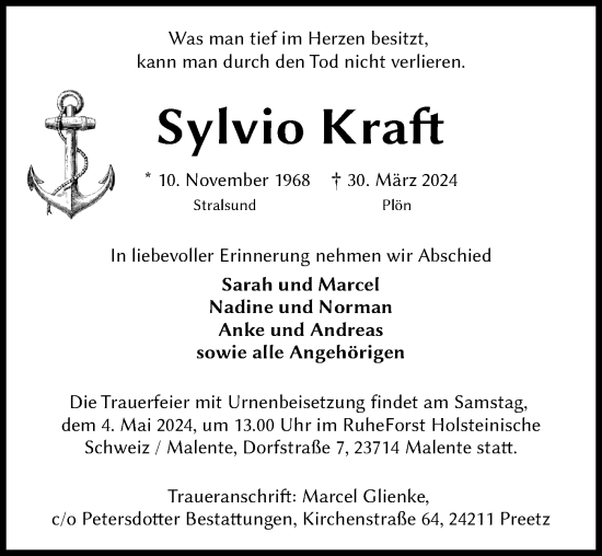 Traueranzeige von Sylvio Kraft von Ostsee-Zeitung GmbH