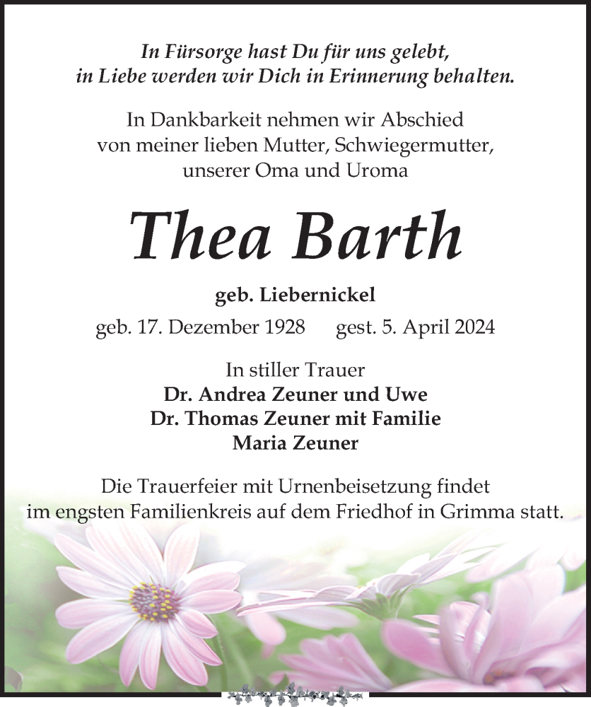  Traueranzeige für Thea Barth vom 13.04.2024 aus Leipziger Volkszeitung