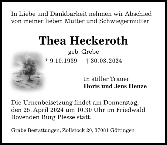 Traueranzeige von Thea Heckeroth von Göttinger Tageblatt