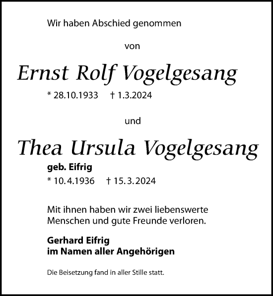 Traueranzeige von Thea Ursula Vogelsang von Leipziger Volkszeitung