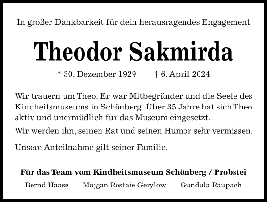 Traueranzeige von Theodor Sakmirda von Kieler Nachrichten