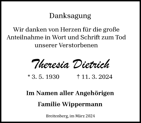 Traueranzeige von Theresia Dietrich von Eichsfelder Tageblatt