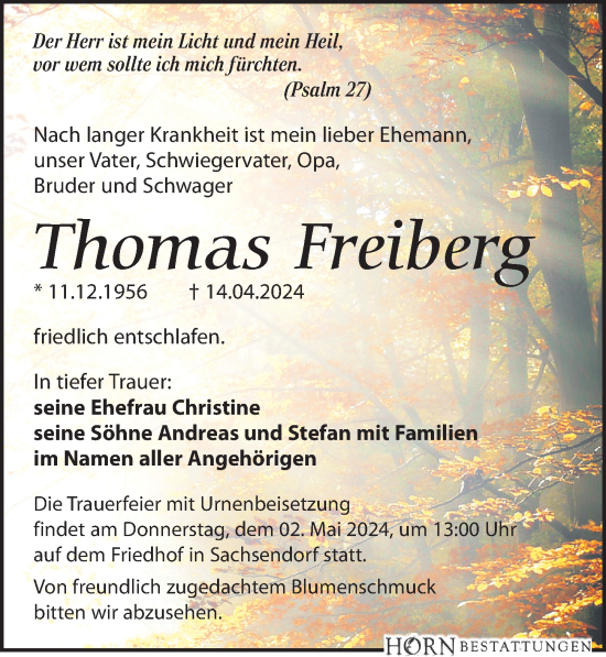 Traueranzeige von Thomas Freiberg von Leipziger Volkszeitung