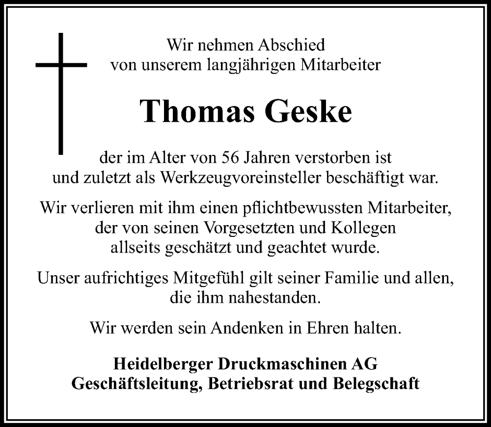  Traueranzeige für Thomas Geske vom 24.04.2024 aus Märkischen Allgemeine Zeitung