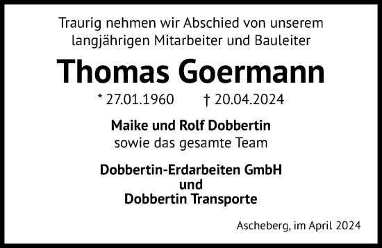 Traueranzeige von Thomas Goermann von Kieler Nachrichten